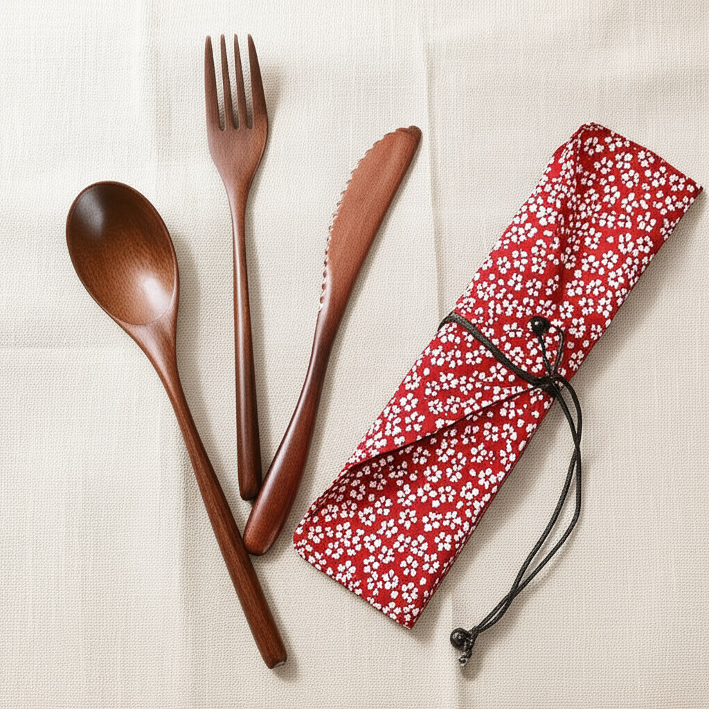 Set de Couverts Réutilisables en Bambou – Étui de Transport Inclus